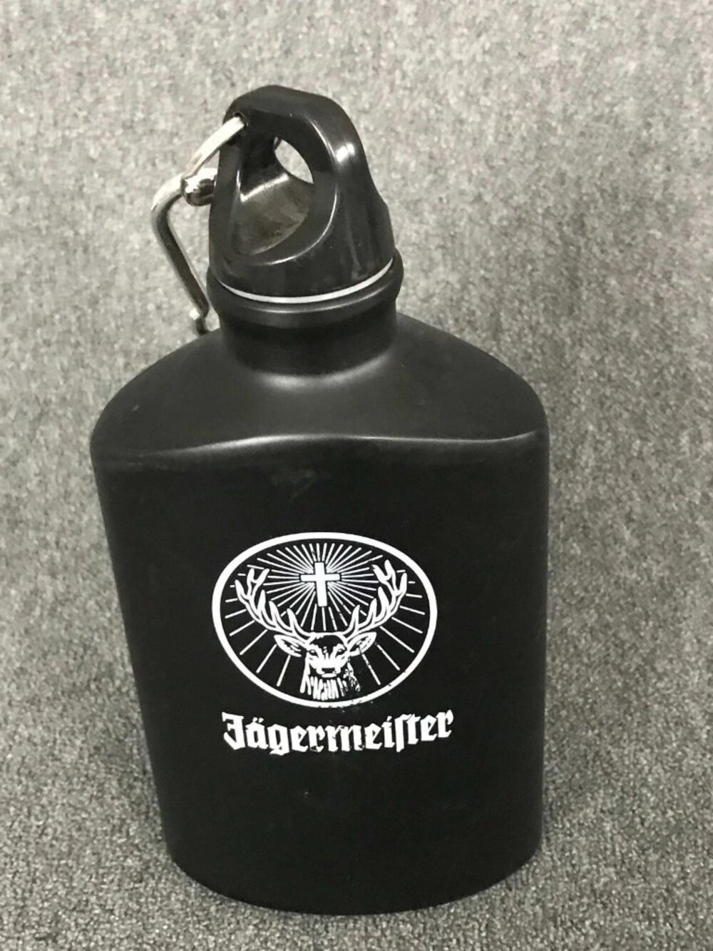 Jägermeister Water Drink Metal Bottle Flask Portable Reusable Black 7.5x4x2in